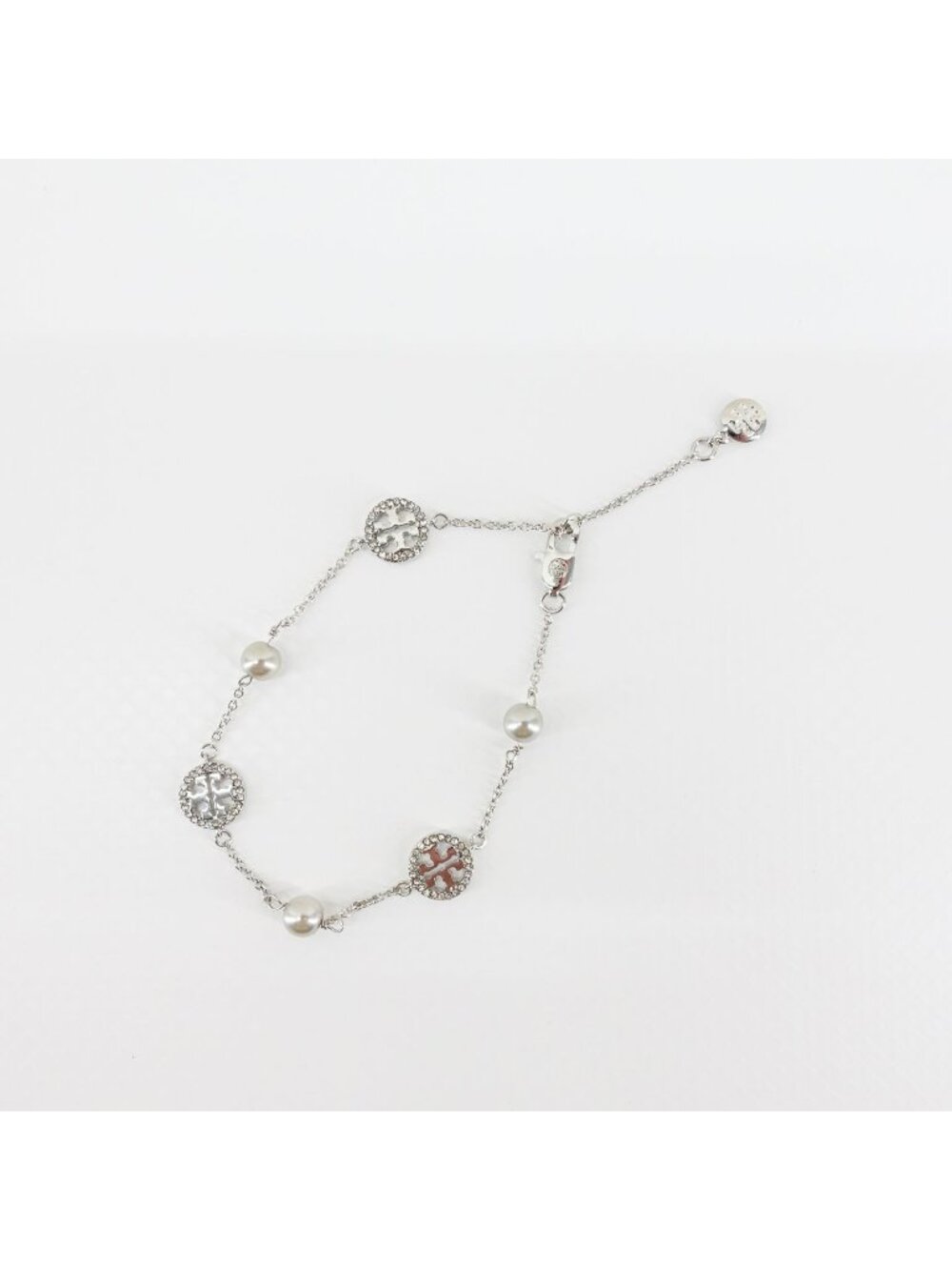 Tory Burch Crystal Logo & Imitation Pearl Station Bracelet Silver OS